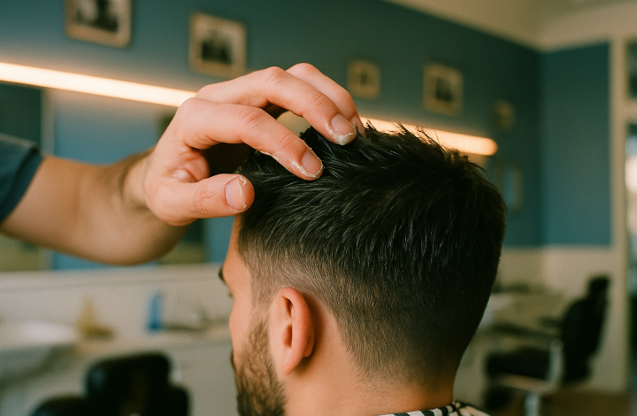 Barbiere lavora la cera sui capelli in salone