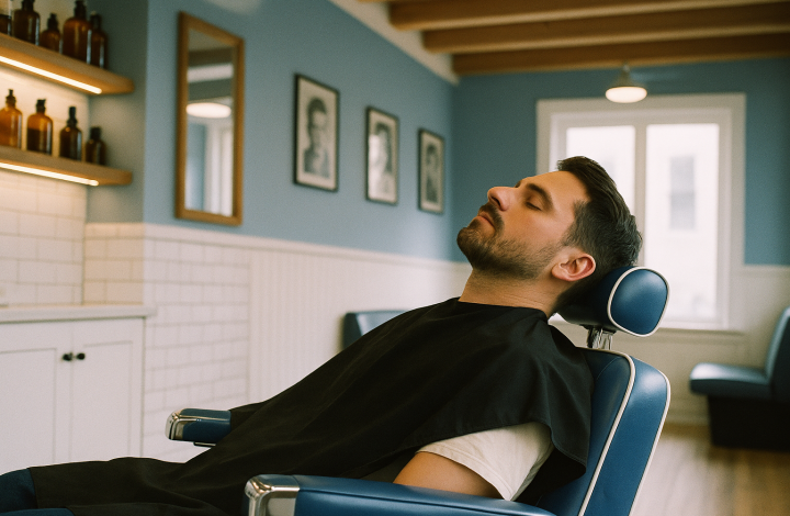 Cliente rilassato in poltrona blu dal barbiere