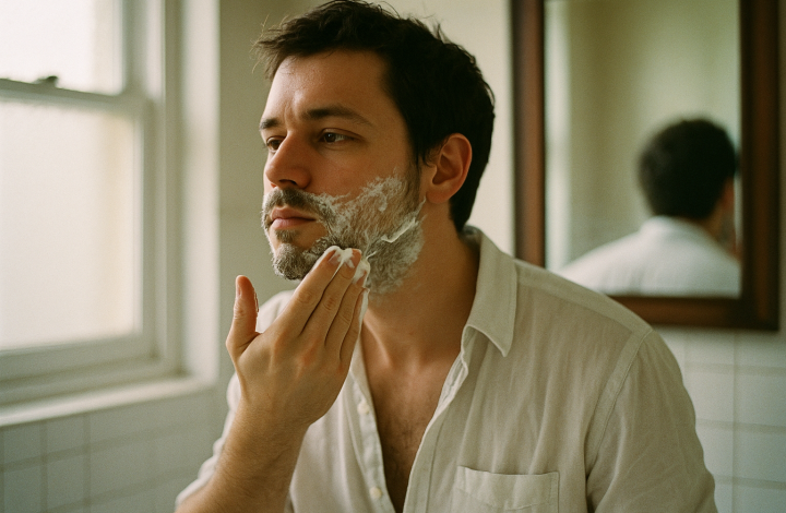 Uomo che si prepara alla rasatura a casa allo specchio