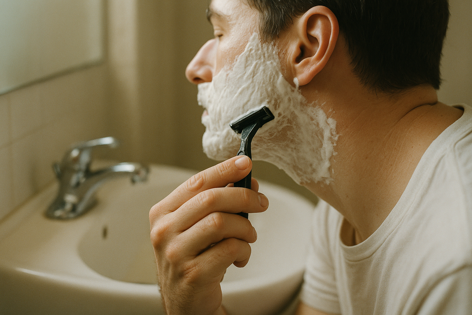 Rasatura a casa, uomo che si prepara al bagno con schiuma da barba
