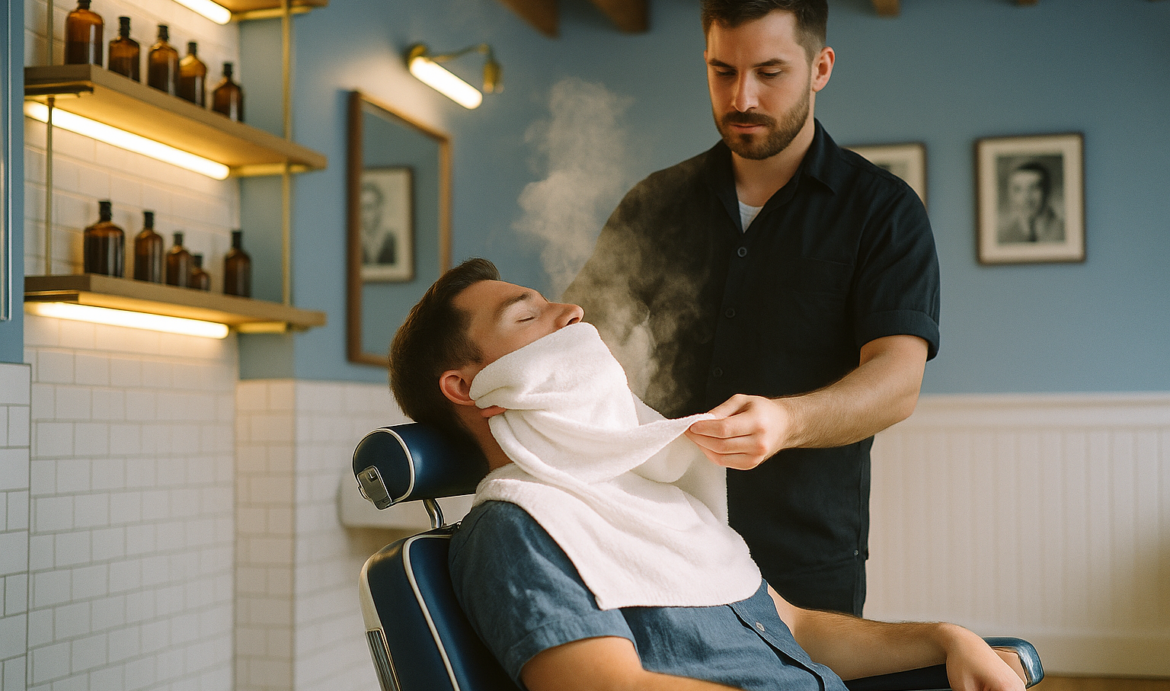 Barbiere prepara la barba del cliente con panno caldo in salone