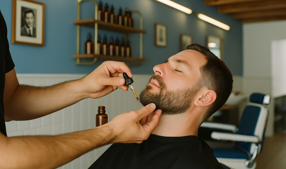 Barbiere applica olio per barba in salone