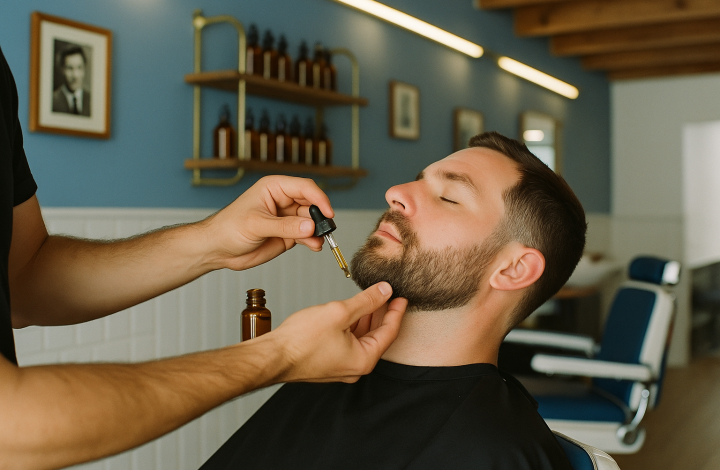 Barbiere applica olio per barba in salone