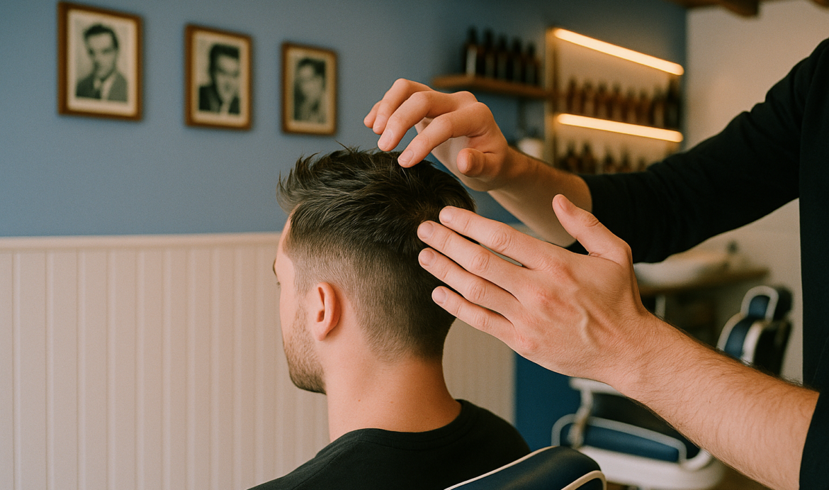 Barbiere modella i capelli di un cliente in salone