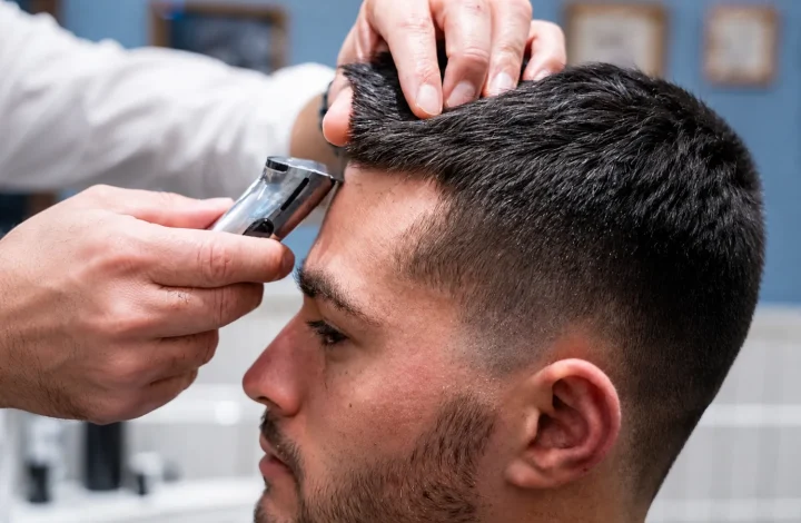Barbiere che rifinisce con la macchinetta l’attaccatura di un cliente, per capire ogni quanto tagliare i capelli